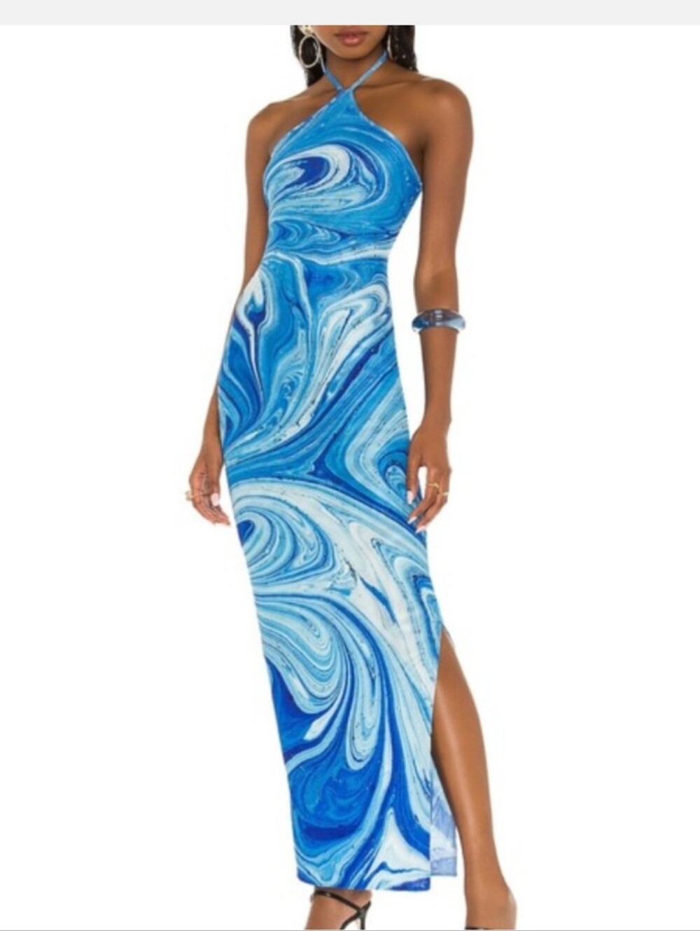 Farai London X REVOLVE Saira Maxi Halter Dress Mesh Slit Blue Marble Small